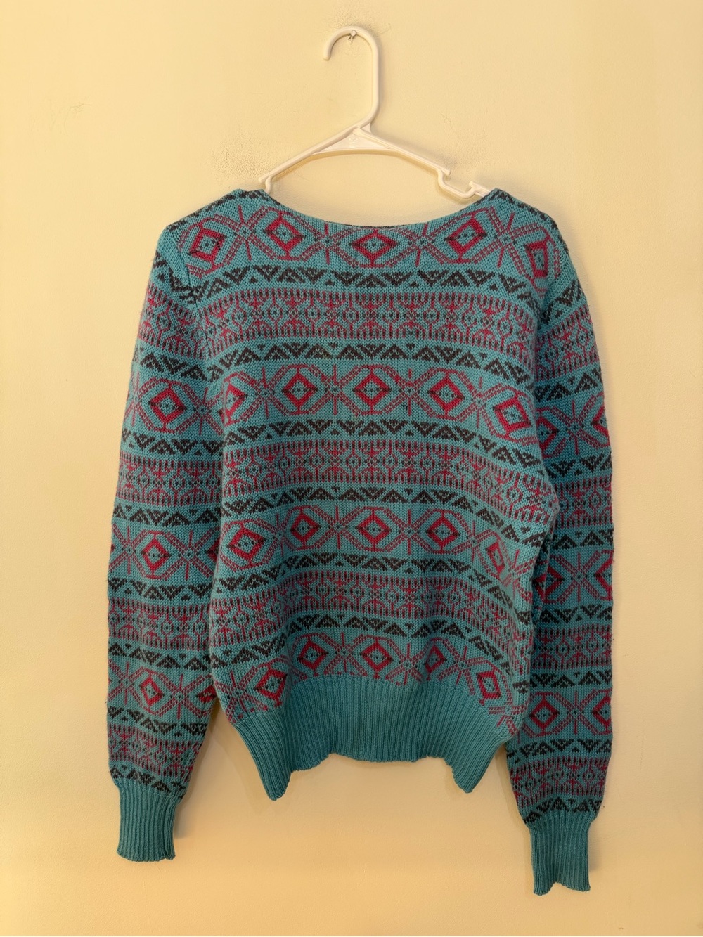 Vtg 80s Merona 100% Wool Knit Sweater Geometric Grandpacore Teal Women’s L